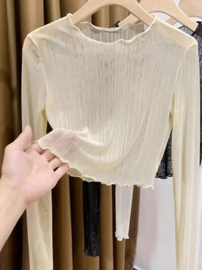 Cropped Mesh Long Sleeve Top With Lace Paneling Slim Fit For Elegant Wear Miss Sparkling