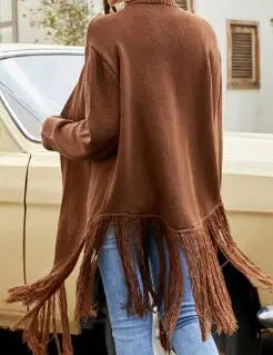 Fringe Hem Open Front Cardigan With Ribbed Trim Soft Knit Miss Sparkling