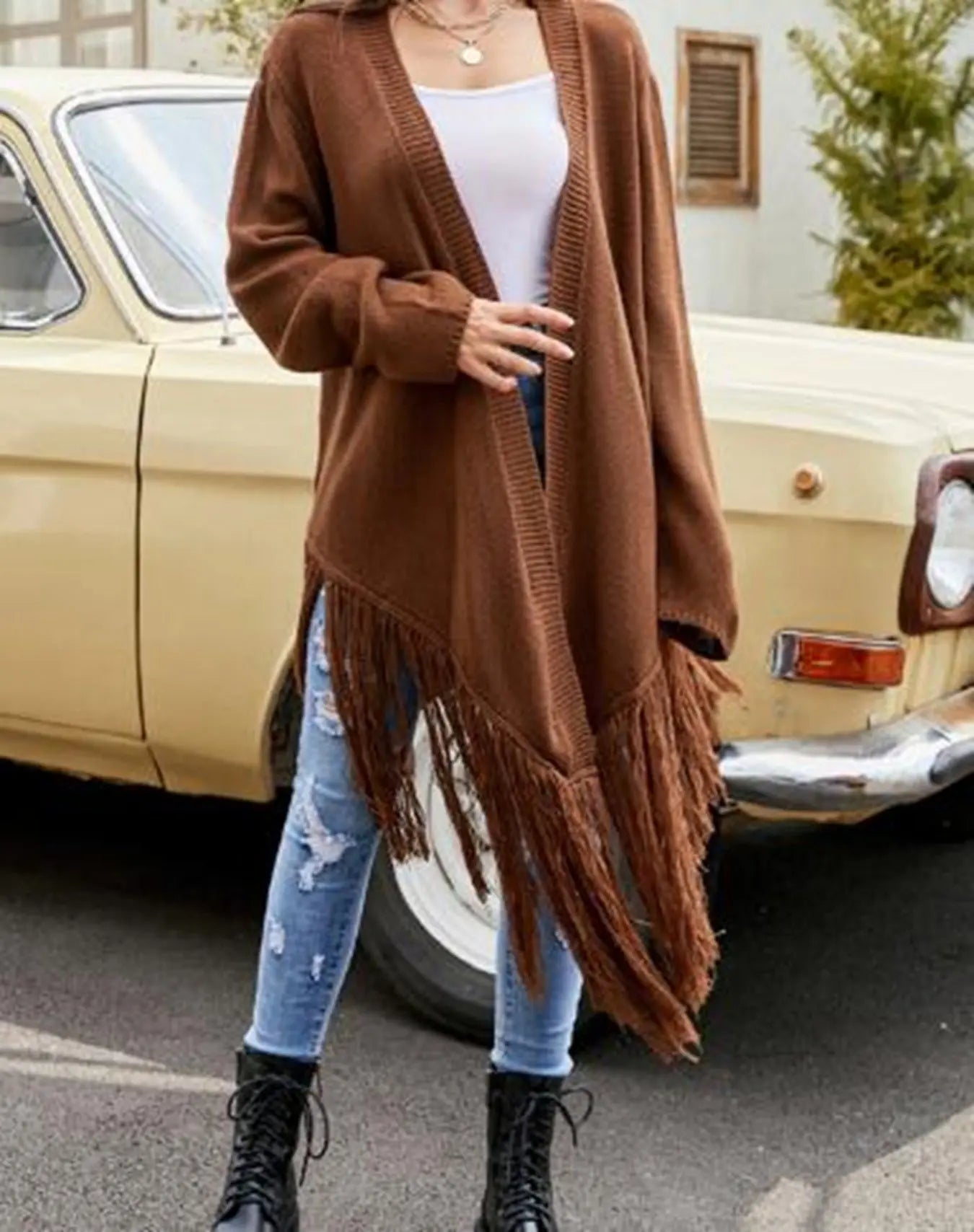 Fringe Hem Open Front Cardigan With Ribbed Trim Soft Knit Miss Sparkling