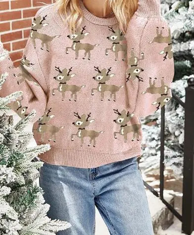 Holiday Reindeer and Wine Glass Pattern Premium Knit Sweater Miss Sparkling