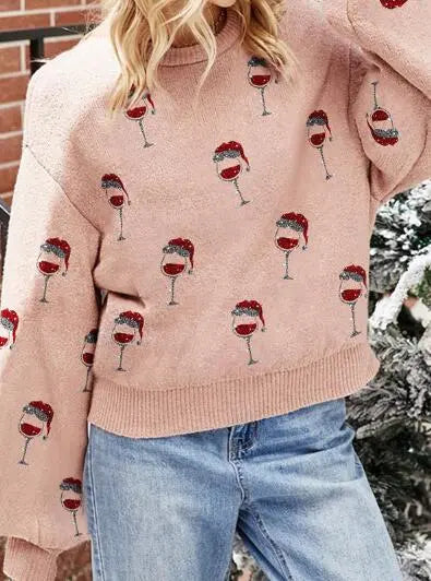 Holiday Reindeer and Wine Glass Pattern Premium Knit Sweater Miss Sparkling