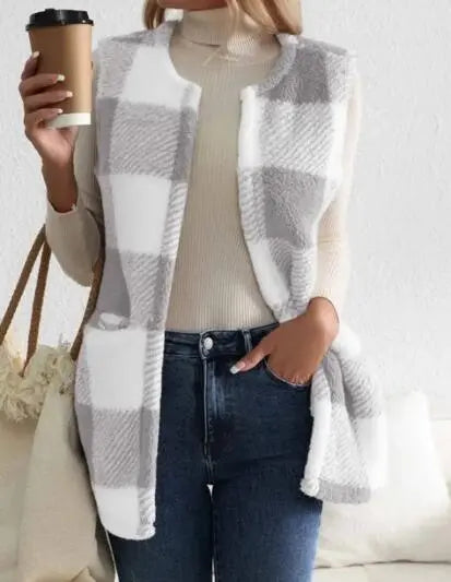 Soft Sleeveless Sherpa Plaid Vest For Easy Layering And Casual Style Miss Sparkling