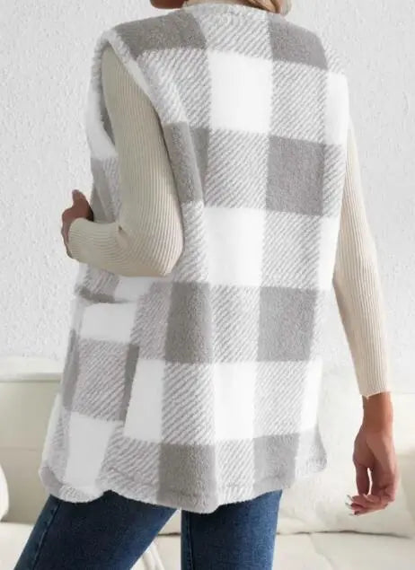 Soft Sleeveless Sherpa Plaid Vest For Easy Layering And Casual Style Miss Sparkling