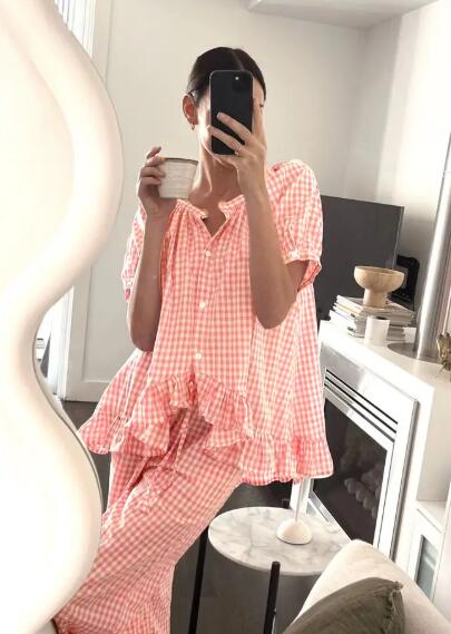 Model wearing Miss Sparkling gingham two piece set styled for comfortable loungewear