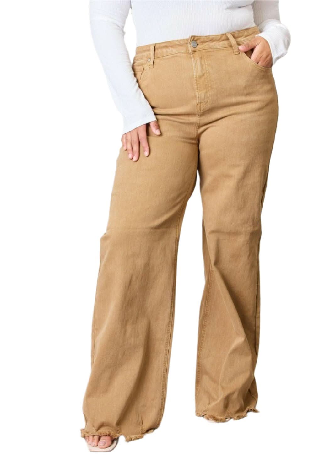 RISEN High-Waisted Wide Leg Fringe Jeans 