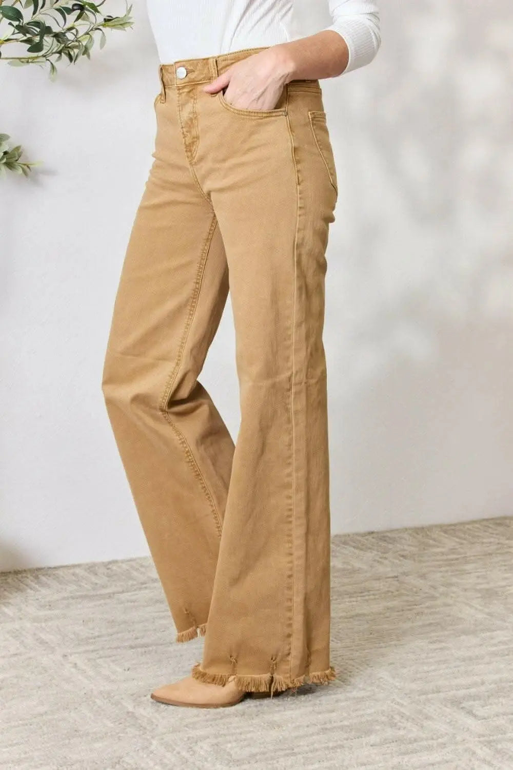 RISEN High-Waisted Wide Leg Fringe Jeans - Love Salve 