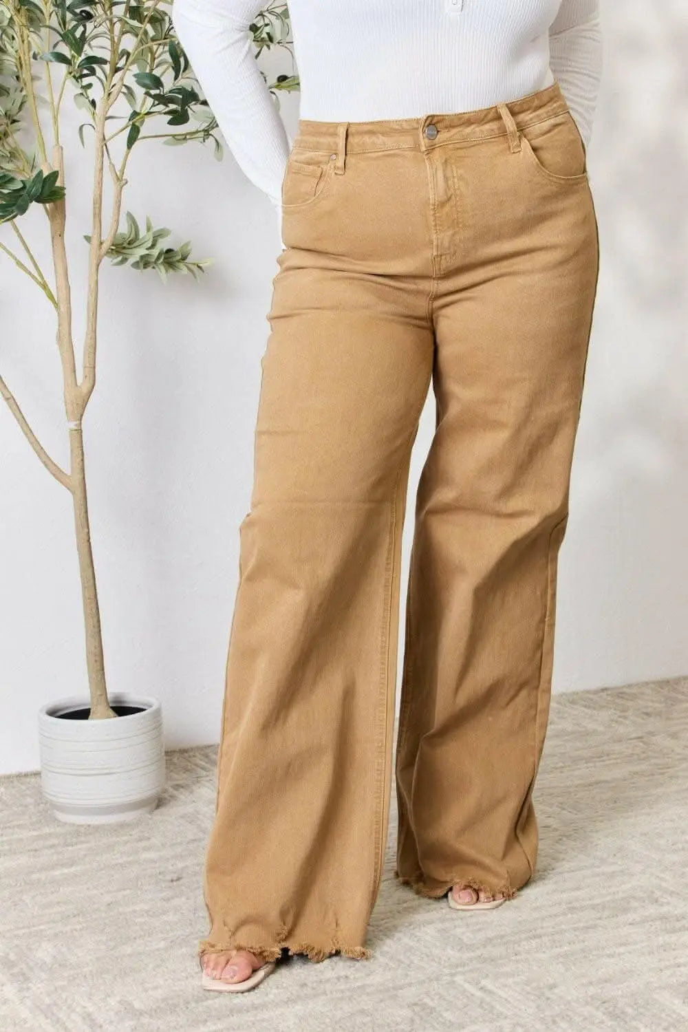 RISEN High-Waisted Wide Leg Fringe Jeans - Love Salve 