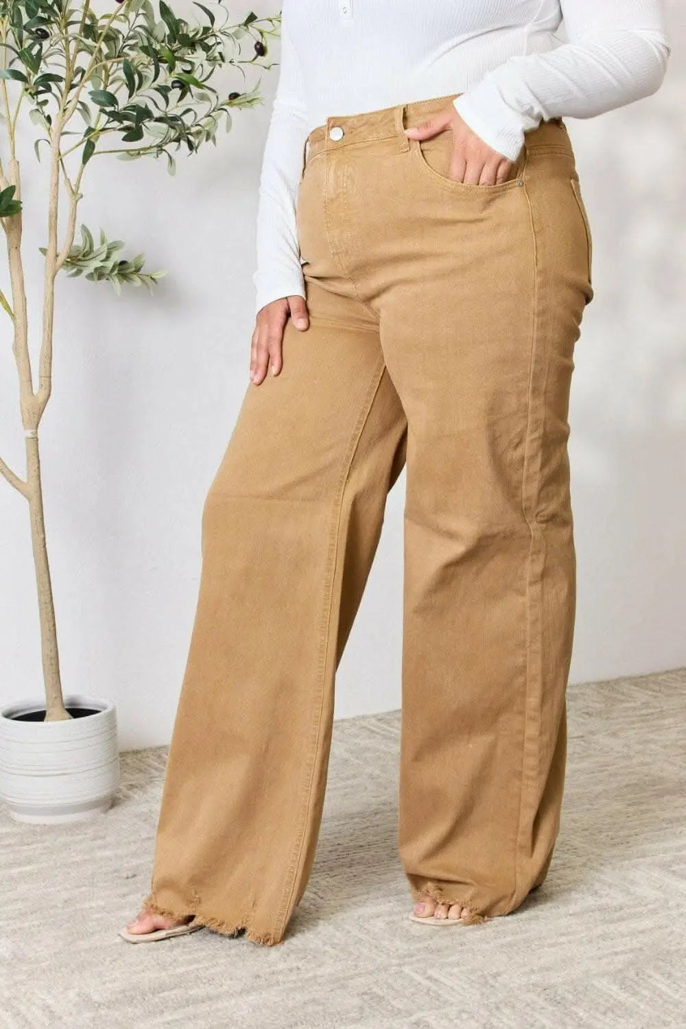 RISEN High-Waisted Wide Leg Fringe Jeans - Love Salve 