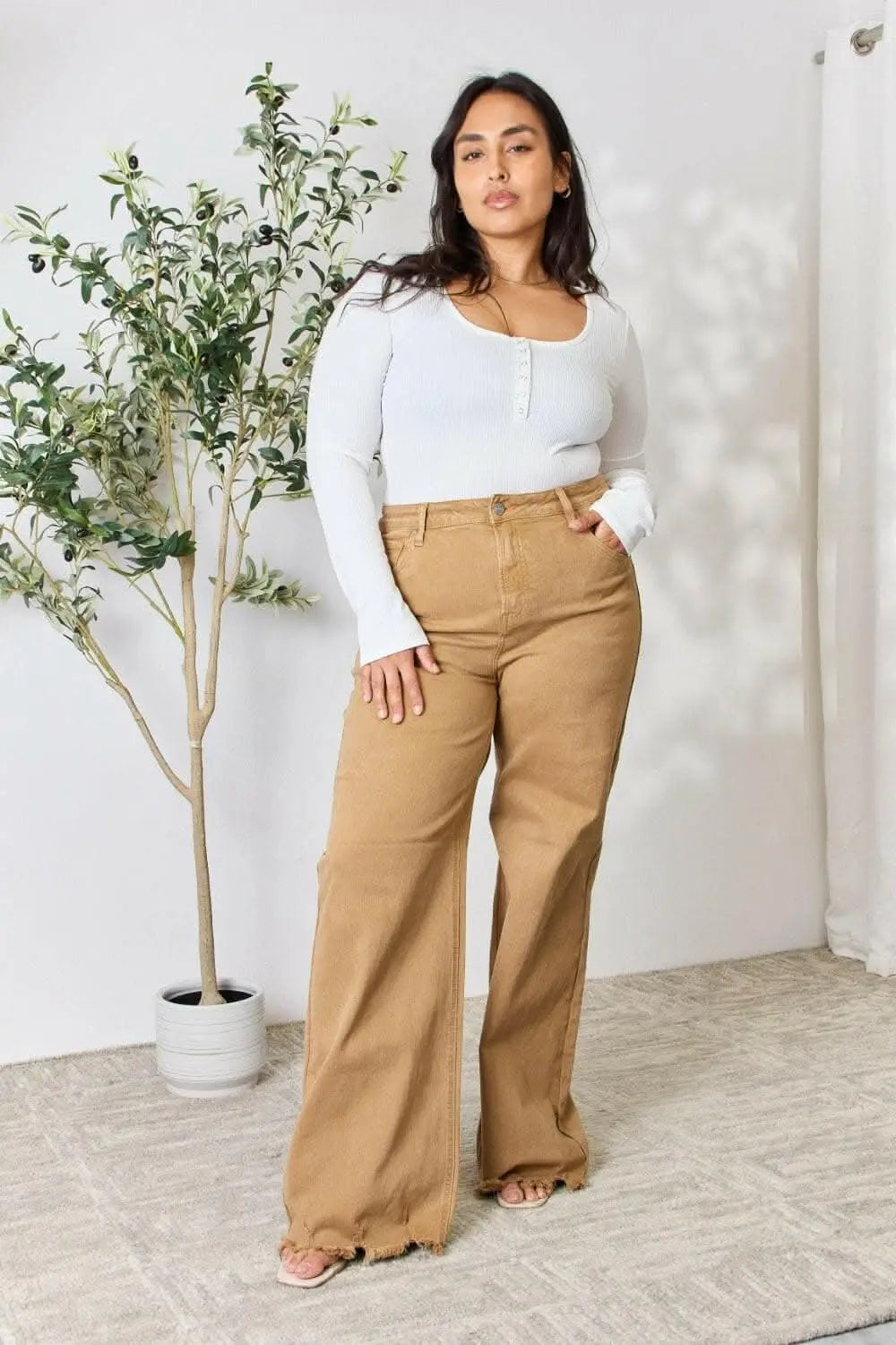 RISEN High-Waisted Wide Leg Fringe Jeans - Love Salve 