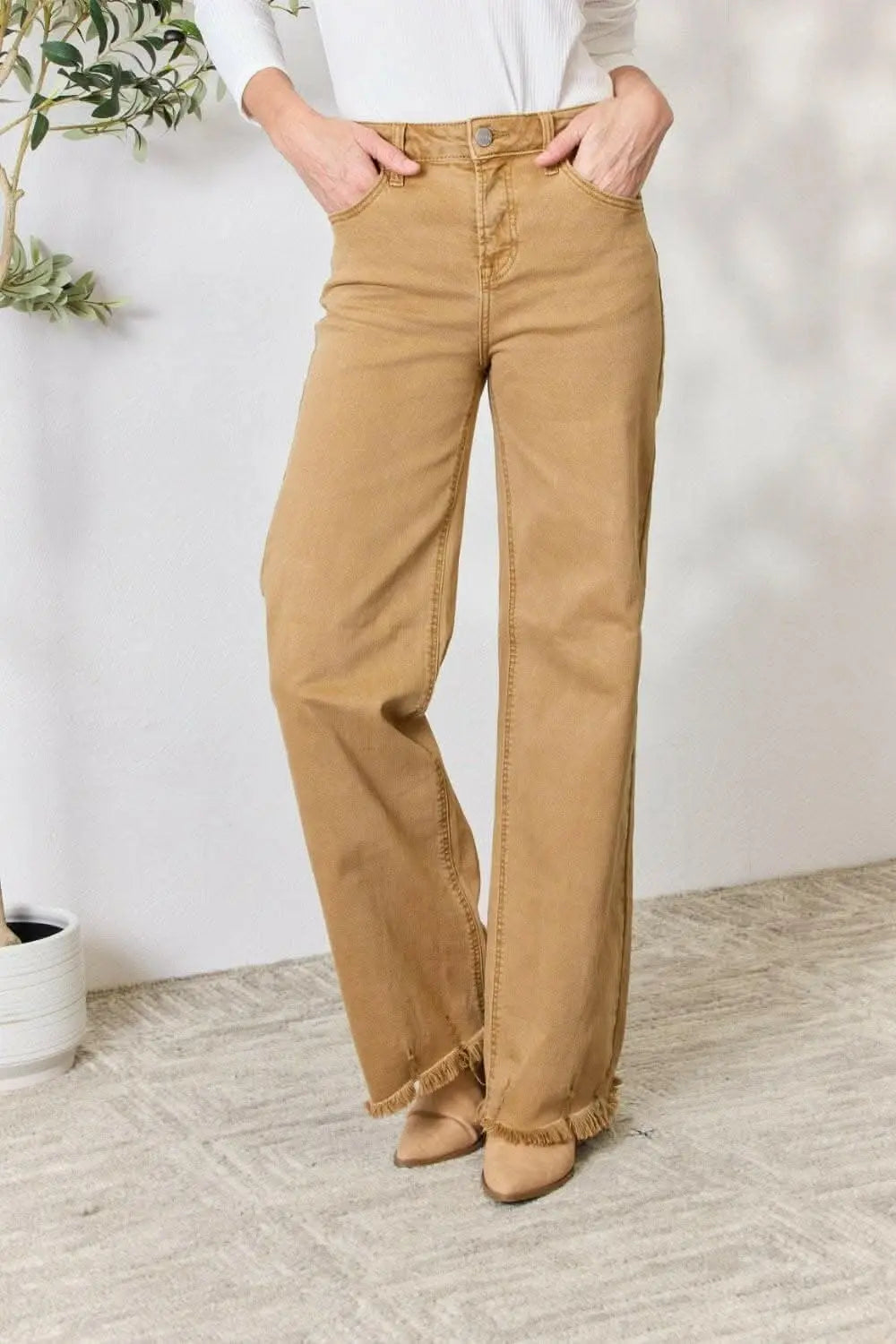 RISEN High-Waisted Wide Leg Fringe Jeans - Love Salve 