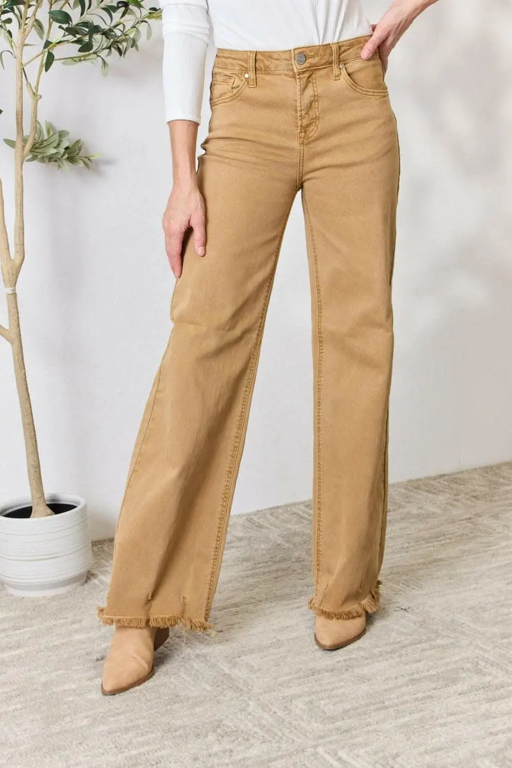 RISEN High-Waisted Wide Leg Fringe Jeans - Love Salve 