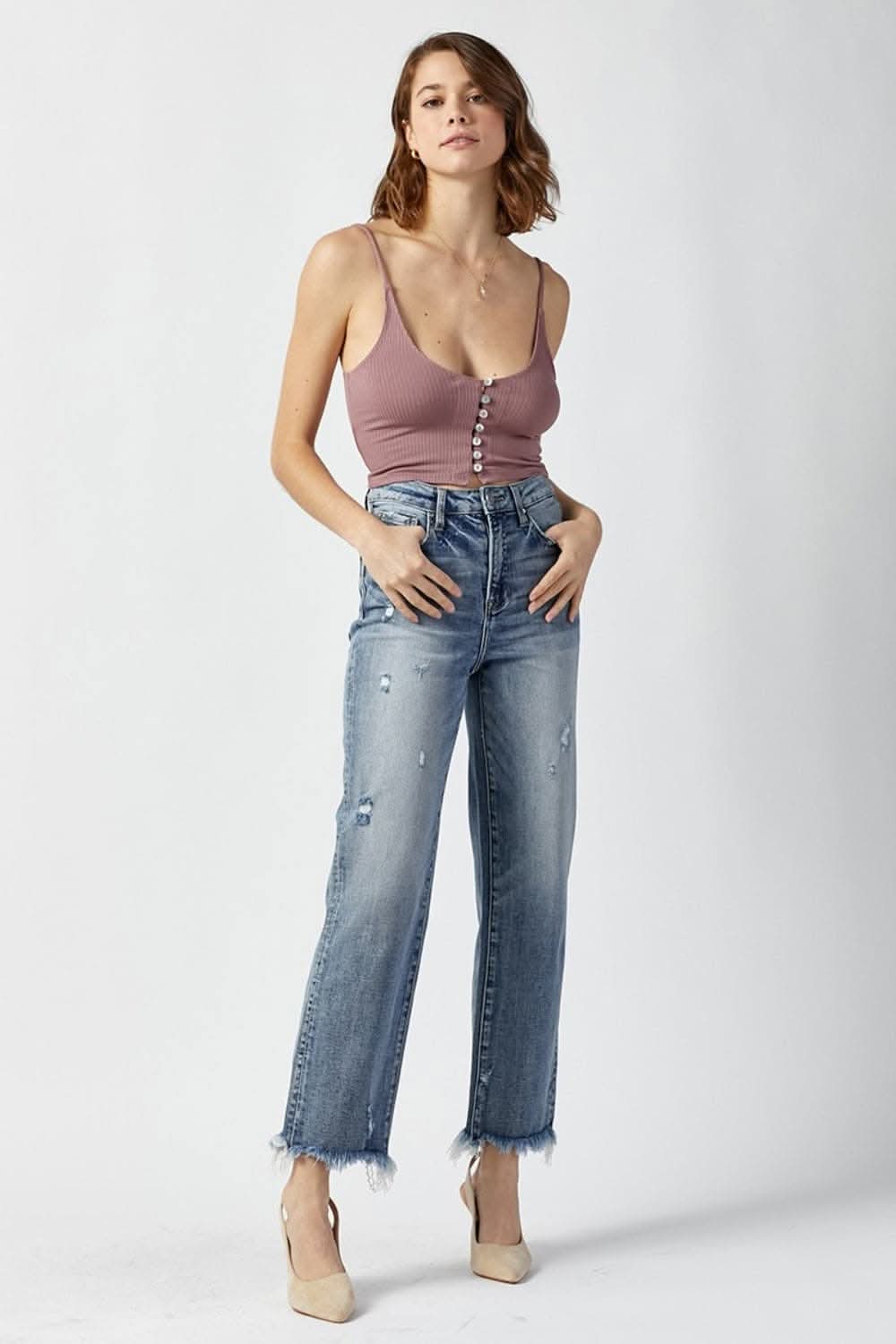 RISEN High Waist Raw Hem Straight Jeans - Love Salve 