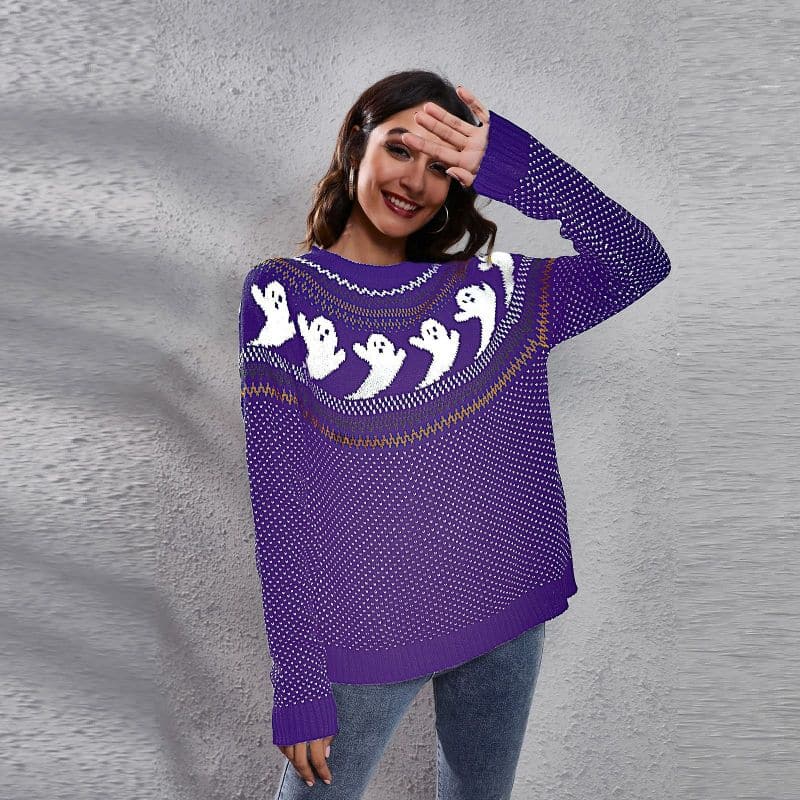 Women's Halloween Ghost retro wave point long sleeve knitted sweater.