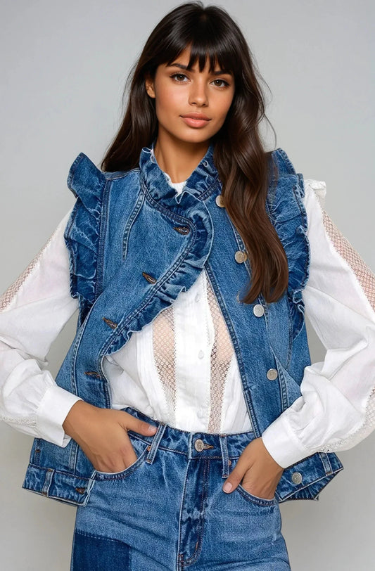 Ruffle Denim Vest for Women Modern Structured Vintage Look Fitkitty Culture Athleisure Wear, Yoga Wear & Women's Clothing