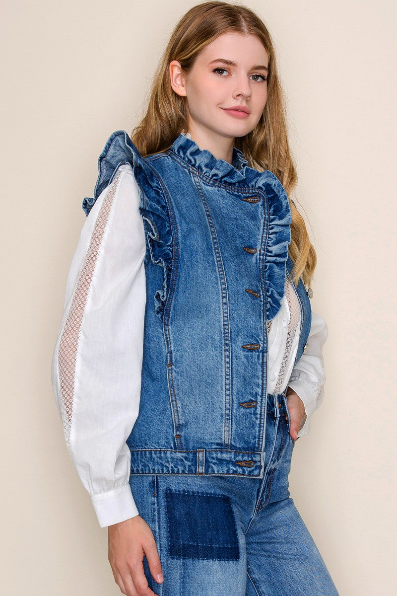 Ruffle Denim Vest for Women Modern Structured Vintage Look Fitkitty Culture Athleisure Wear, Yoga Wear & Women's Clothing