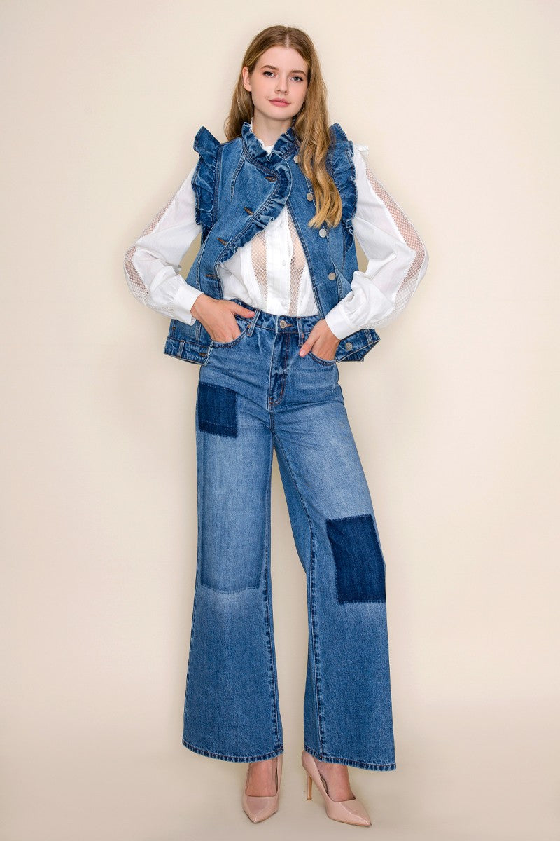 Ruffle Denim Vest for Women Modern Structured Vintage Look Fitkitty Culture Athleisure Wear, Yoga Wear & Women's Clothing
