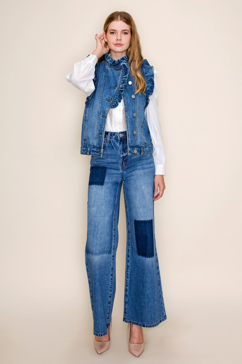 Ruffle Denim Vest for Women Modern Structured Vintage Look Fitkitty Culture Athleisure Wear, Yoga Wear & Women's Clothing