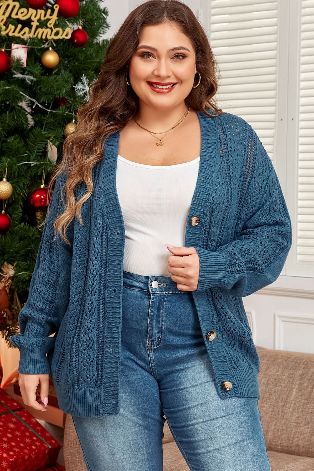 Real Teal Open Knit V Neck Button Front Drop Shoulder Plus Size Cardigan - Love Salve 