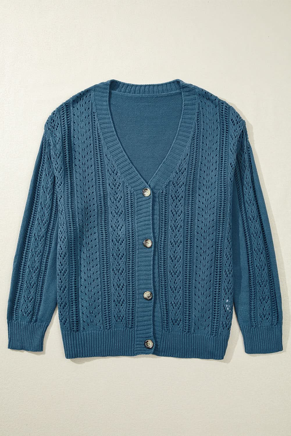 Real Teal Open Knit V Neck Button Front Drop Shoulder Plus Size Cardigan - Love Salve 