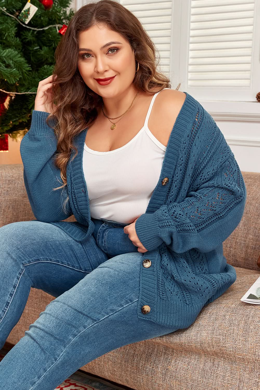 Real Teal Open Knit V Neck Button Front Drop Shoulder Plus Size Cardigan - Love Salve 