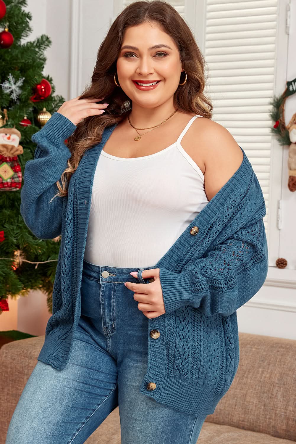 Real Teal Open Knit V Neck Button Front Drop Shoulder Plus Size Cardigan - Love Salve 