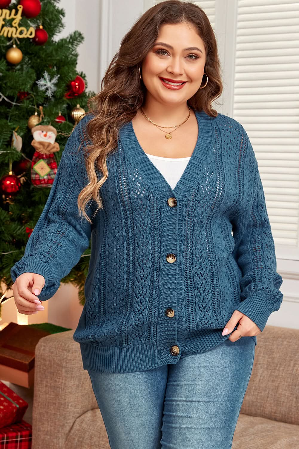 Real Teal Open Knit V Neck Button Front Drop Shoulder Plus Size Cardigan - Love Salve 