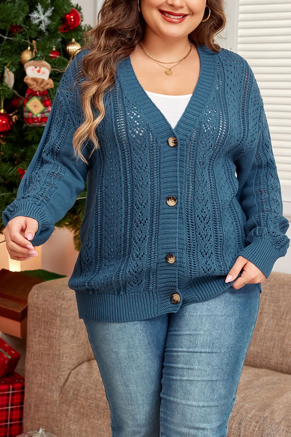 Real Teal Open Knit V Neck Button Front Drop Shoulder Plus Size Cardigan - Love Salve 