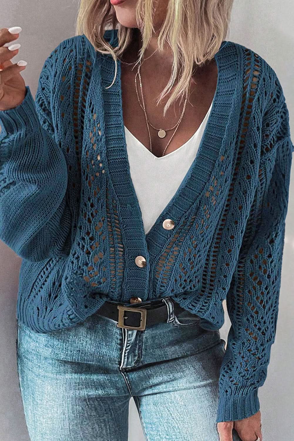 Real Teal Open Knit V Neck Button Front Drop Shoulder Plus Size Cardigan - Love Salve 