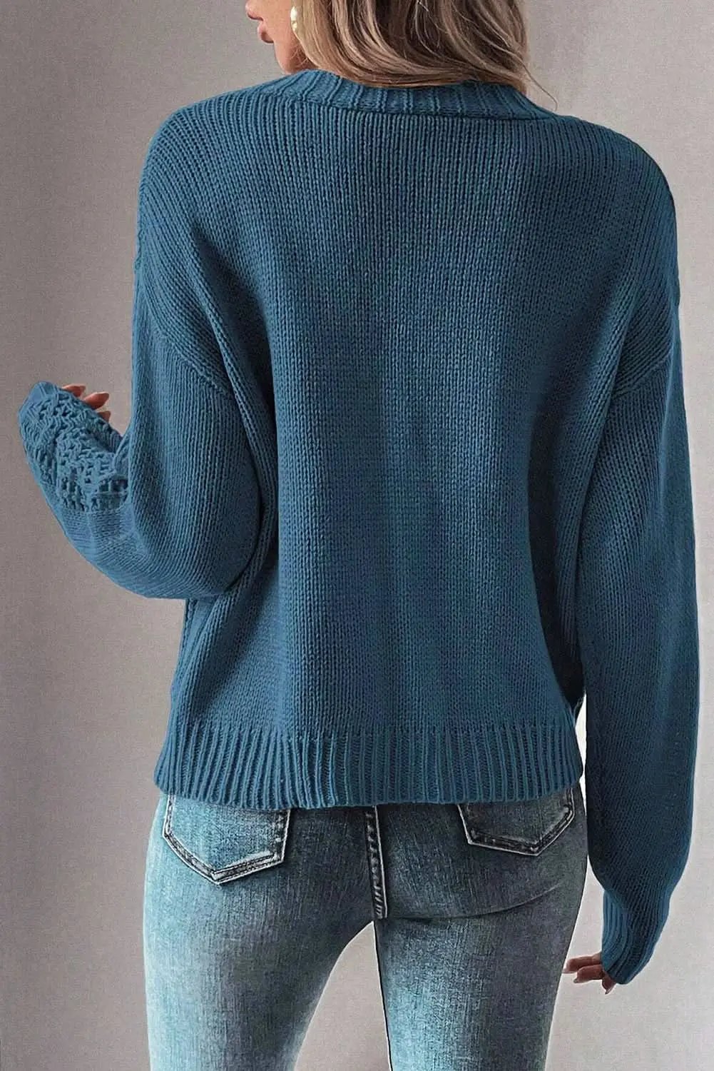 Real Teal Open Knit V Neck Button Front Drop Shoulder Plus Size Cardigan - Love Salve 