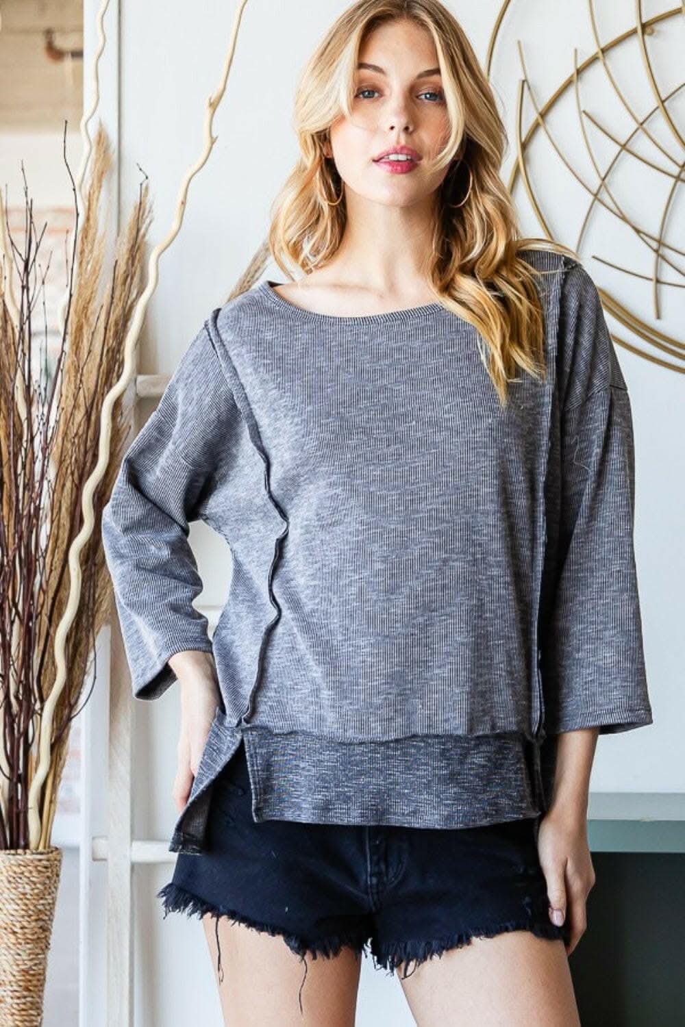 Reborn J Boat Neck Exposed Seam Slit Top 