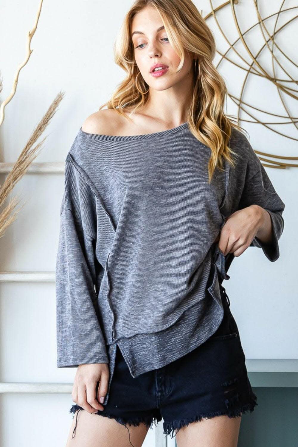 Reborn J Boat Neck Exposed Seam Slit Top 