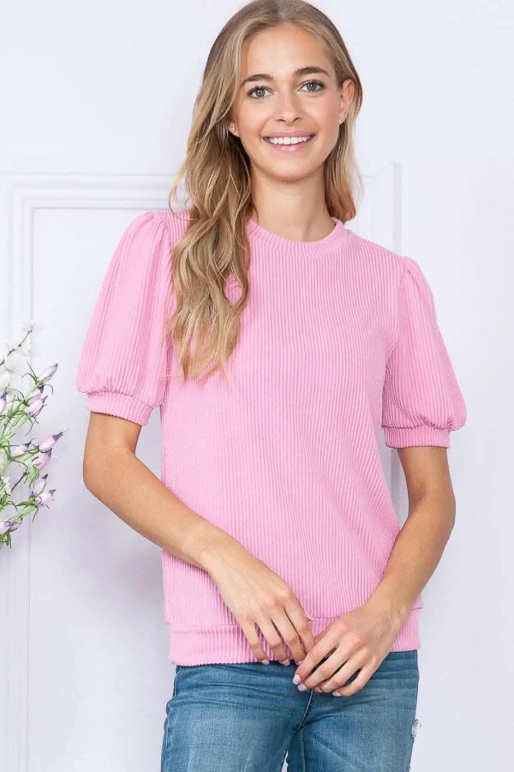 Reborn J Ribbed Round Neck Short Sleeve Top - Love Salve 