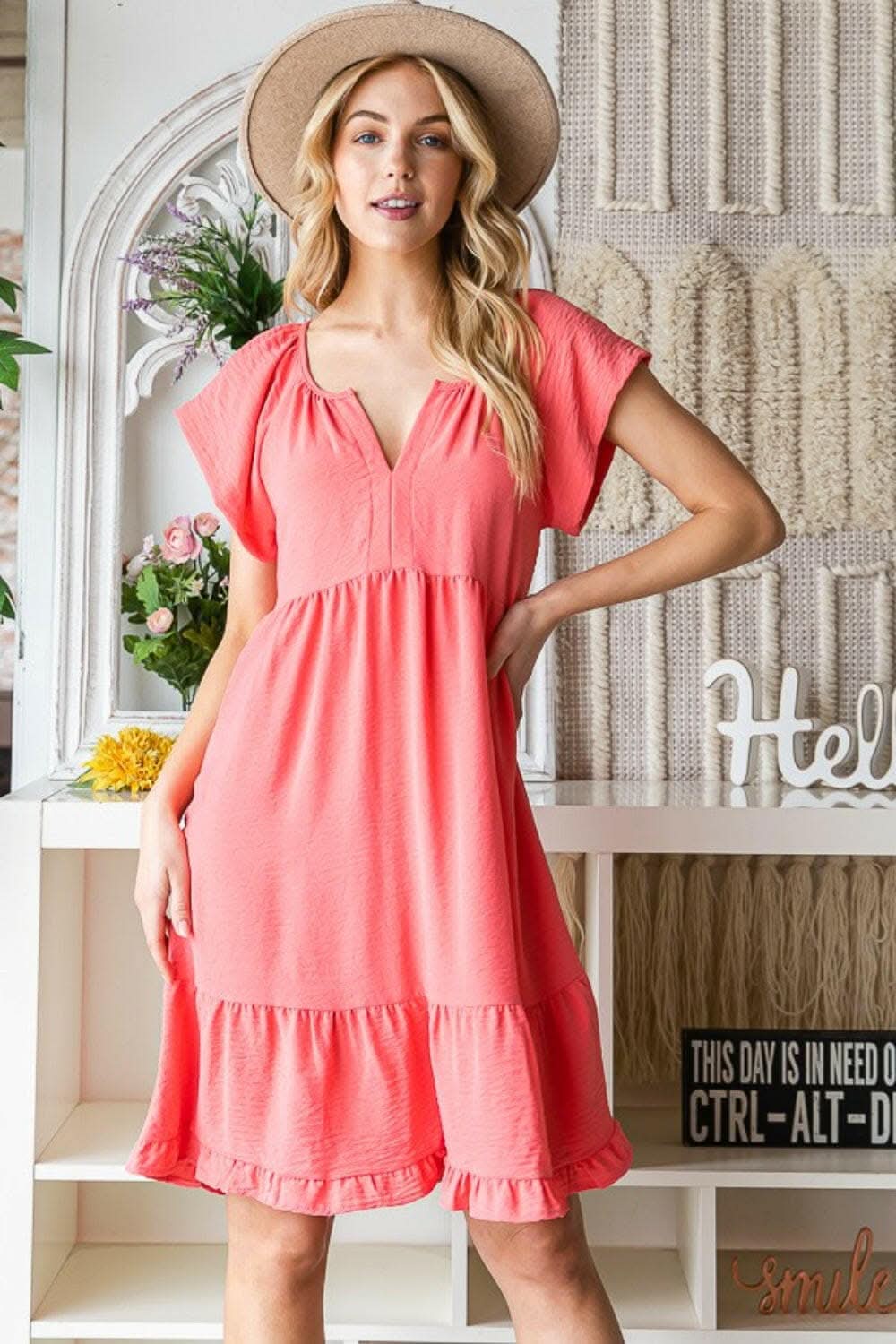 Reborn J Ruffled Notched Cap Sleeve Dress 