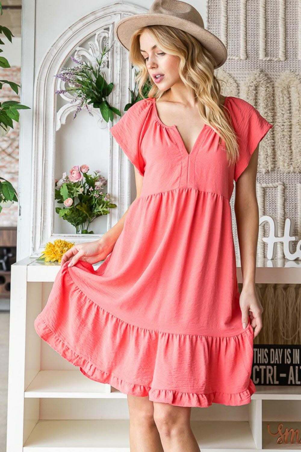 Reborn J Ruffled Notched Cap Sleeve Dress 