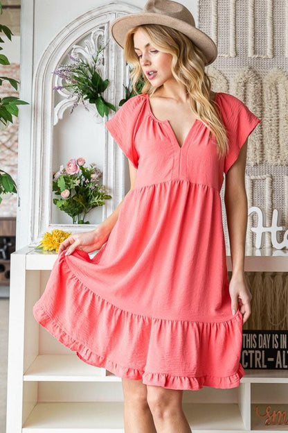 Reborn J Ruffled Notched Cap Sleeve Dress 