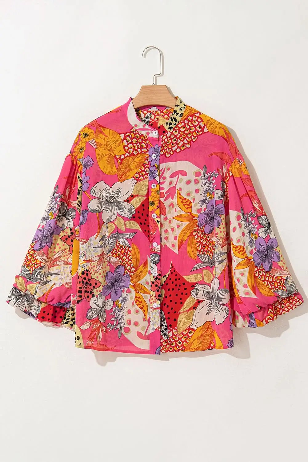 Red Abstract Floral Print Buttoned Ruffled Bubble Sleeve Shirt - Love Salve 