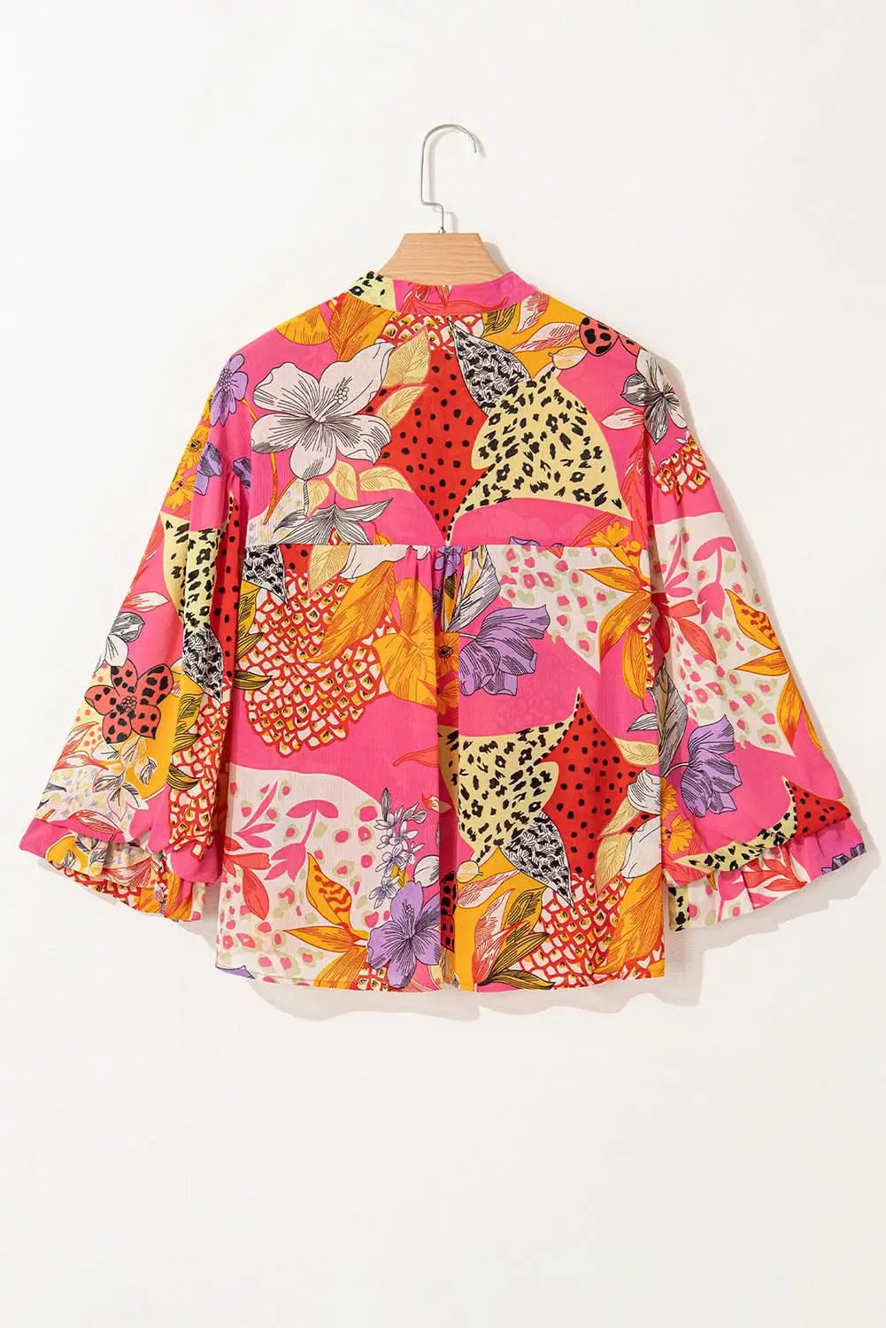 Red Abstract Floral Print Buttoned Ruffled Bubble Sleeve Shirt - Love Salve 