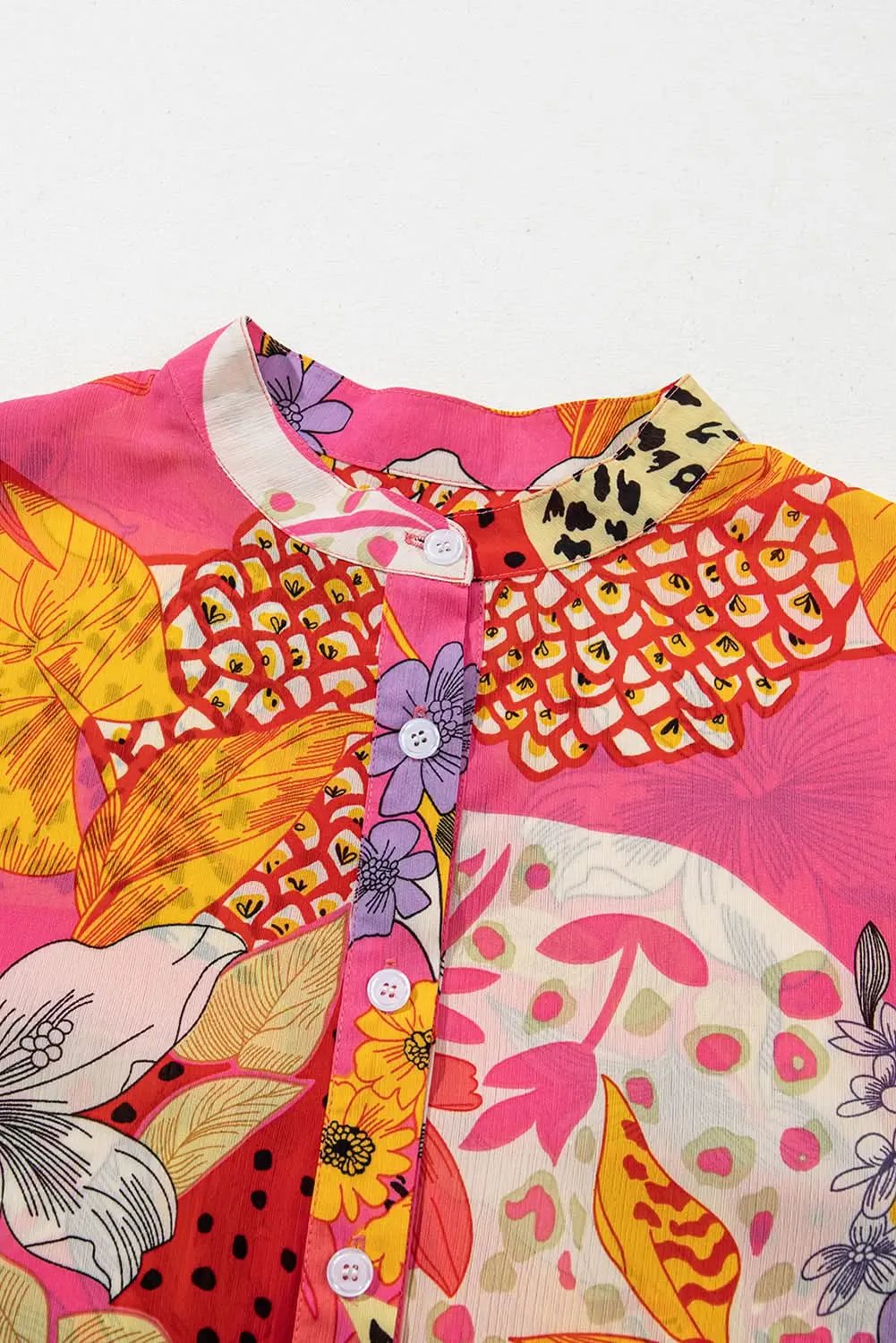 Red Abstract Floral Print Buttoned Ruffled Bubble Sleeve Shirt - Love Salve 