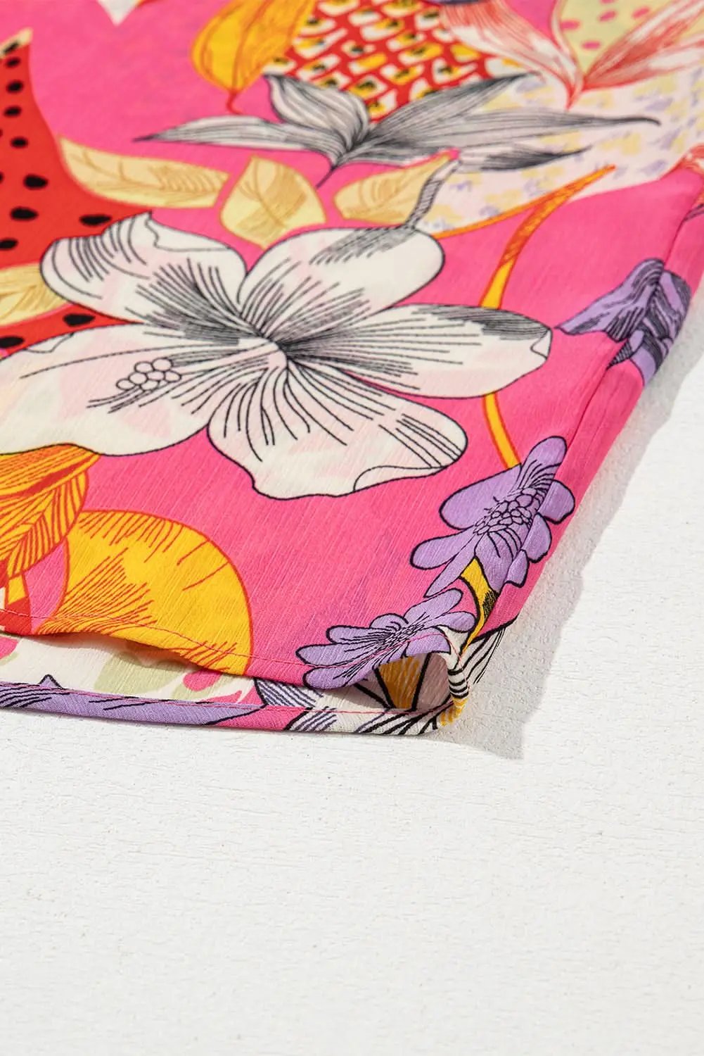 Red Abstract Floral Print Buttoned Ruffled Bubble Sleeve Shirt - Love Salve 