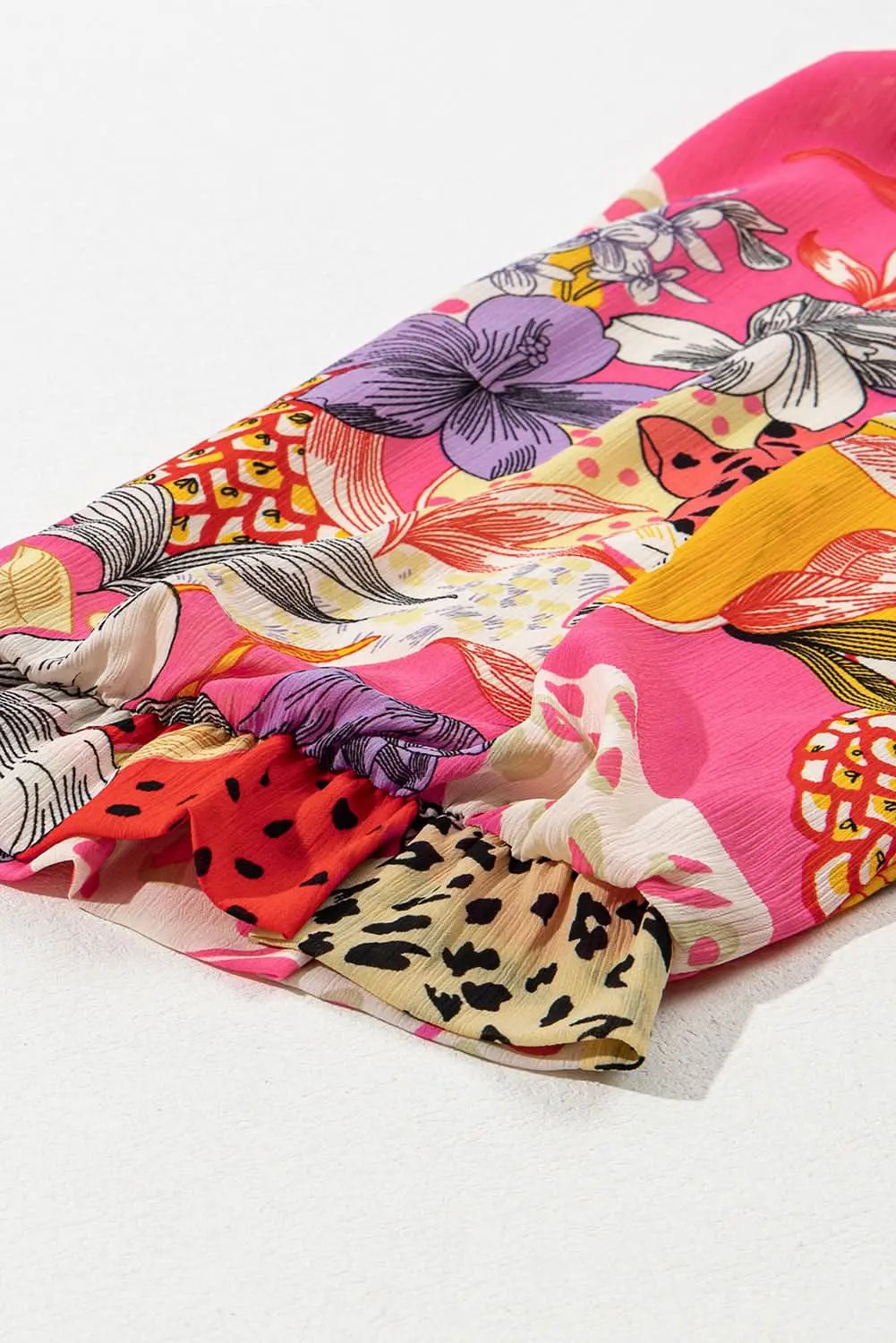 Red Abstract Floral Print Buttoned Ruffled Bubble Sleeve Shirt - Love Salve 