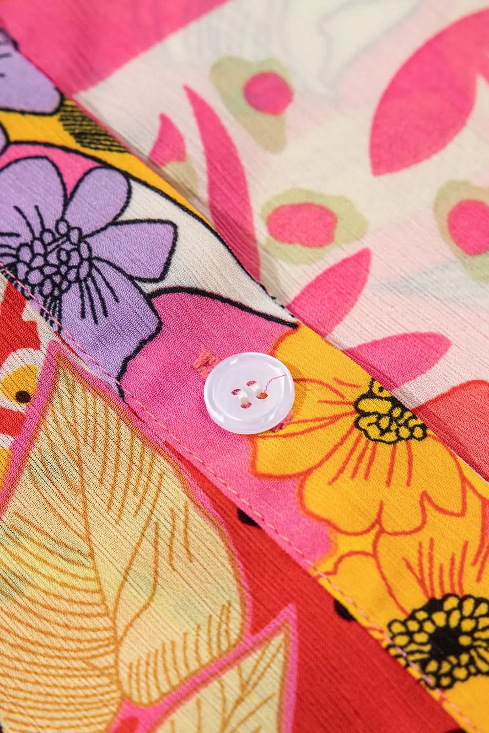 Red Abstract Floral Print Buttoned Ruffled Bubble Sleeve Shirt - Love Salve 