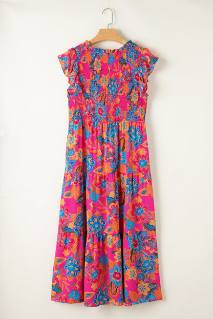 Red Floral Print Ruffled Sleeveless Plus Size Long Dress - Love Salve 