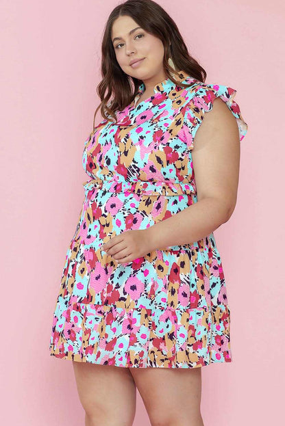 Red Floral Ruffled Cap Sleeve Plus Size Mini Dress 