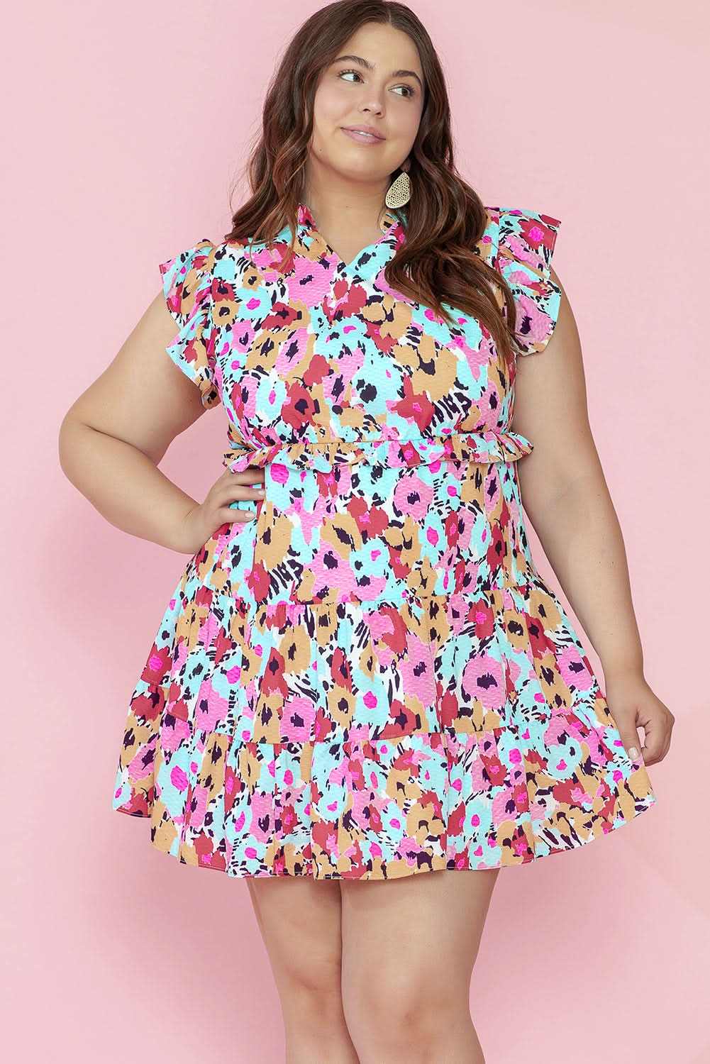 Red Floral Ruffled Cap Sleeve Plus Size Mini Dress 
