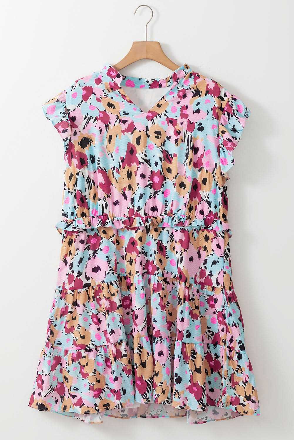 Red Floral Ruffled Cap Sleeve Plus Size Mini Dress 