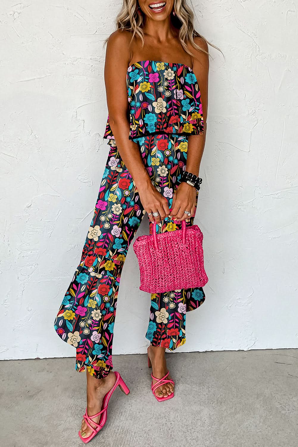 Red Mix Tropical Print Strapless Ruffled Jumpsuit 