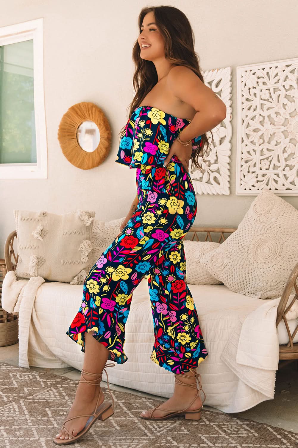Red Mix Tropical Print Strapless Ruffled Jumpsuit - Love Salve 