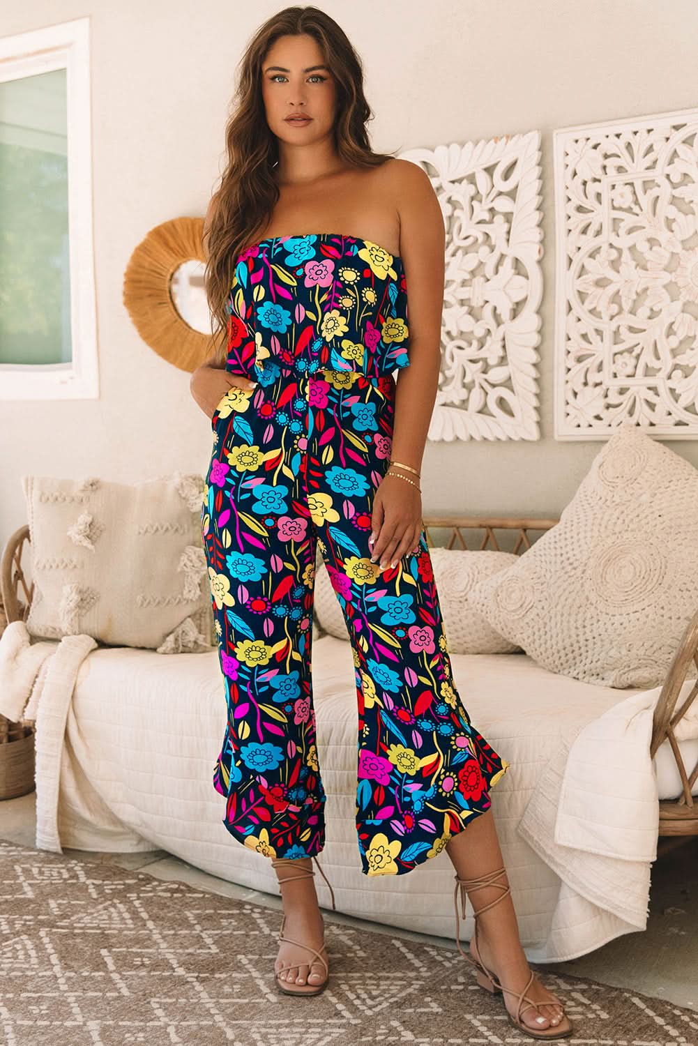 Red Mix Tropical Print Strapless Ruffled Jumpsuit - Love Salve 