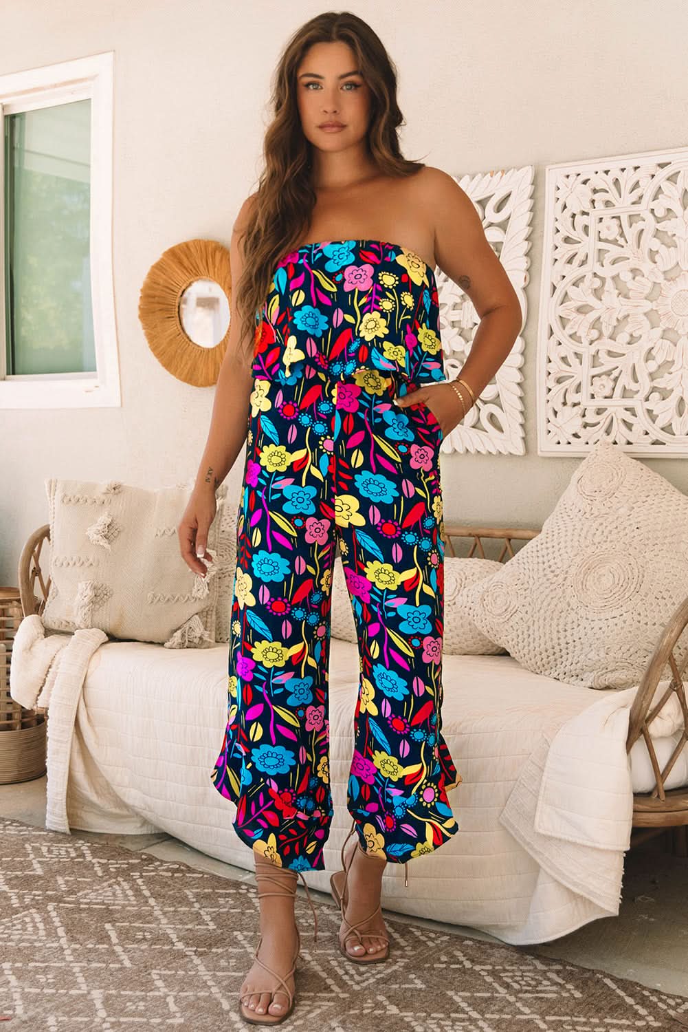 Red Mix Tropical Print Strapless Ruffled Jumpsuit - Love Salve 