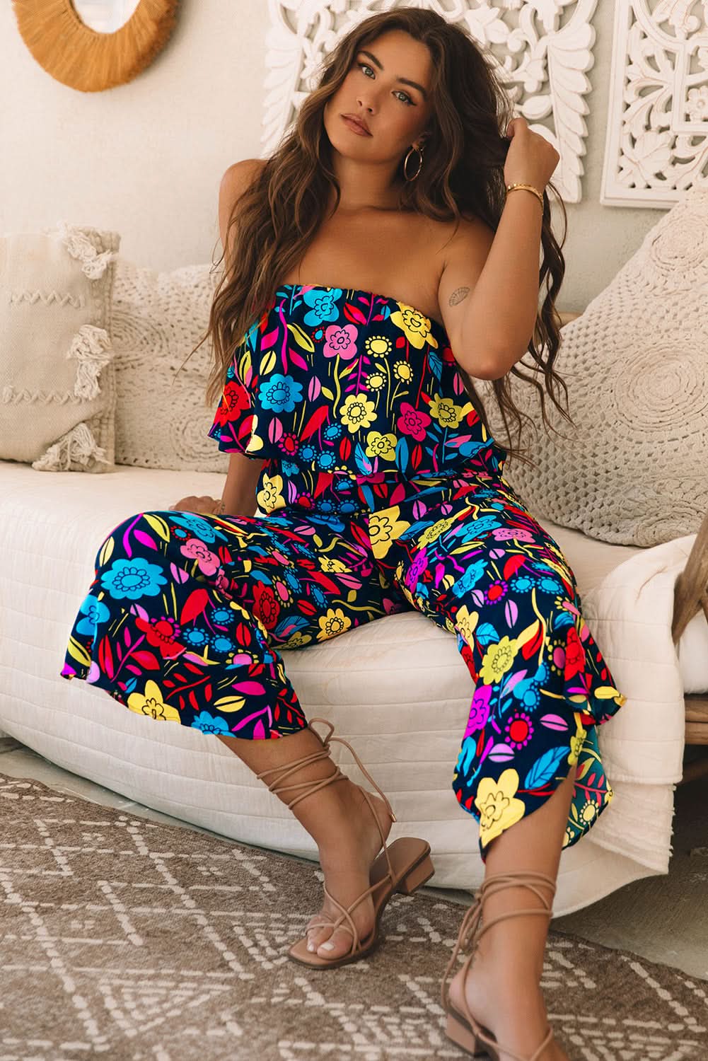 Red Mix Tropical Print Strapless Ruffled Jumpsuit - Love Salve 